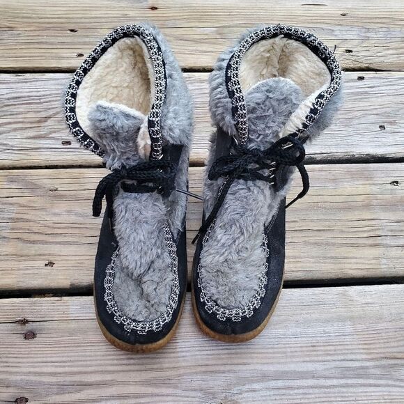 Vintage 70s Hippie Gray Faux Fur Black Sherpa Lined Lace-up Boho Ankle Boots 6 - Picture 4 of 9